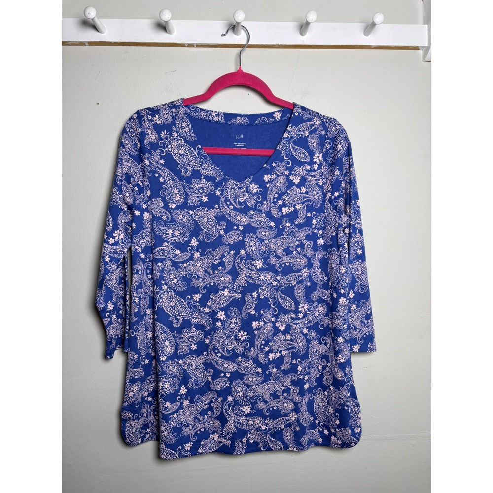 J.Jill Blue Paisley Pima Cotton 3/4 Sleeve Top Boho Size M